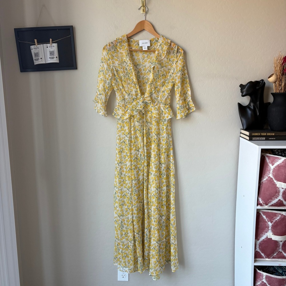 We Are Leone Silk Maxi Kimono Robe Dress Yellow Floral Print Ruffle Size XS/S